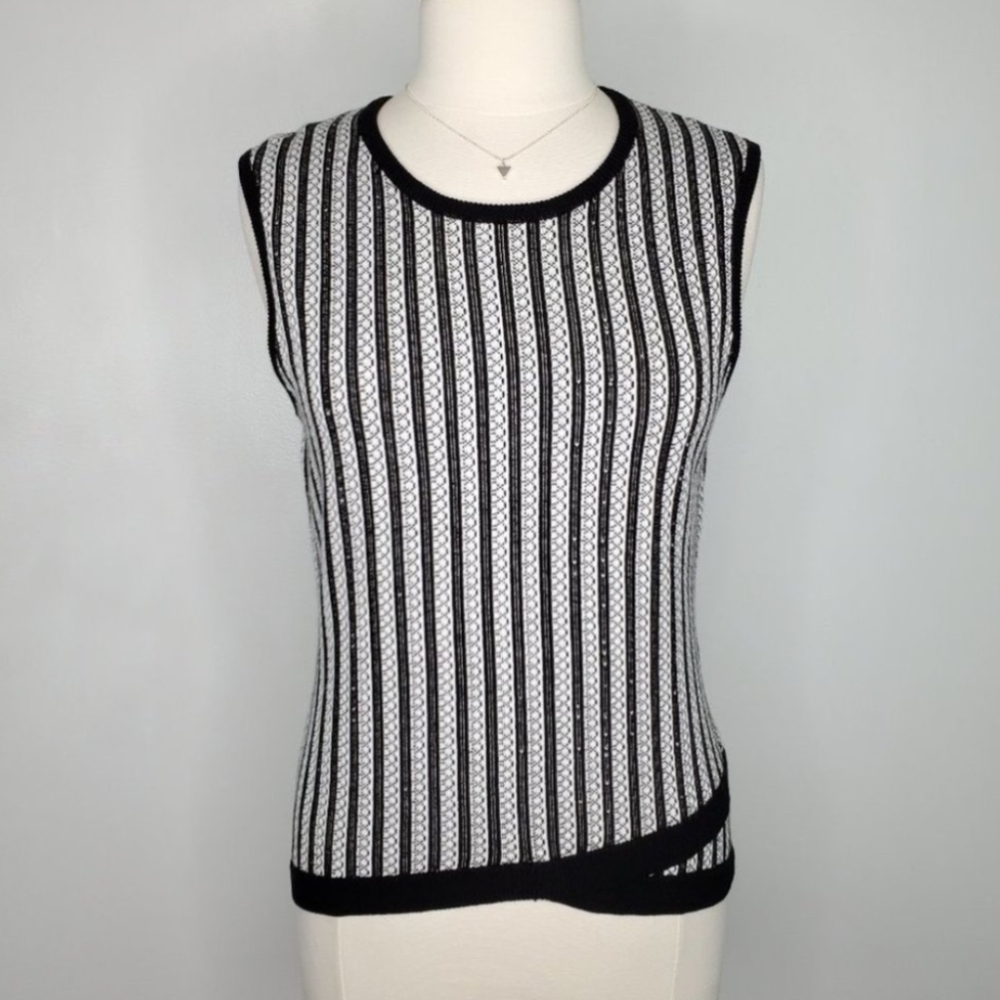 Lauren Hansen Black White Lace Look Knit Sleeveless Sweater, M